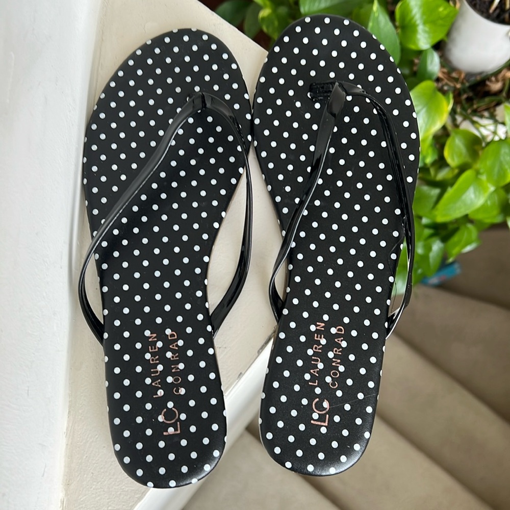 Lauren Conrad Black and White Polka Dot Flip Flops